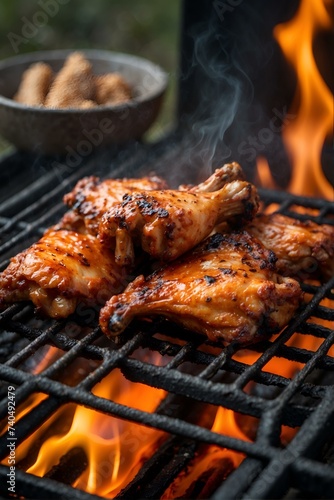 Sizzling chicken wings, perfectly charred on a barbecue grill, evoke the mouth-watering flavors of churrasco and tandoori cuisine, creating a tantalizing street food experience