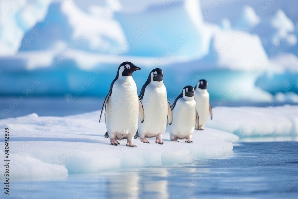 Gentoo penguin band is on the ice against the backdrop of icebergs