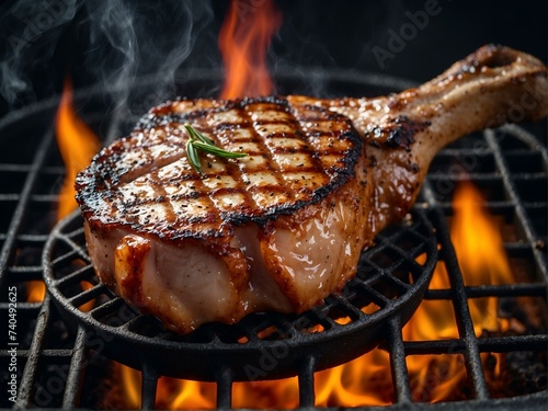 The sizzling fire dances beneath a succulent mixed grill of smoky churrasco, juicy yakiniku, and tender pork chops on a traditional charcoal barbecue grill, evoking mouthwatering images of a rustic b