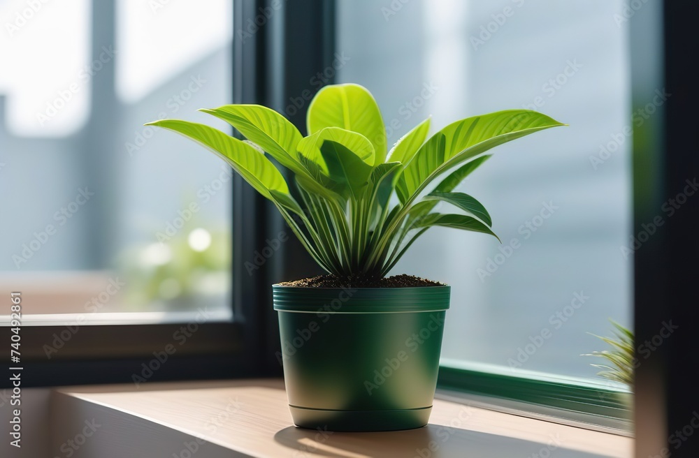 A green indoor plant grows on a plastic windowsill A green indoor plant grows on a plastic windowsill