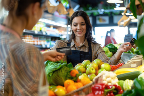 Customer woman using credit card for payment to owner supermarket