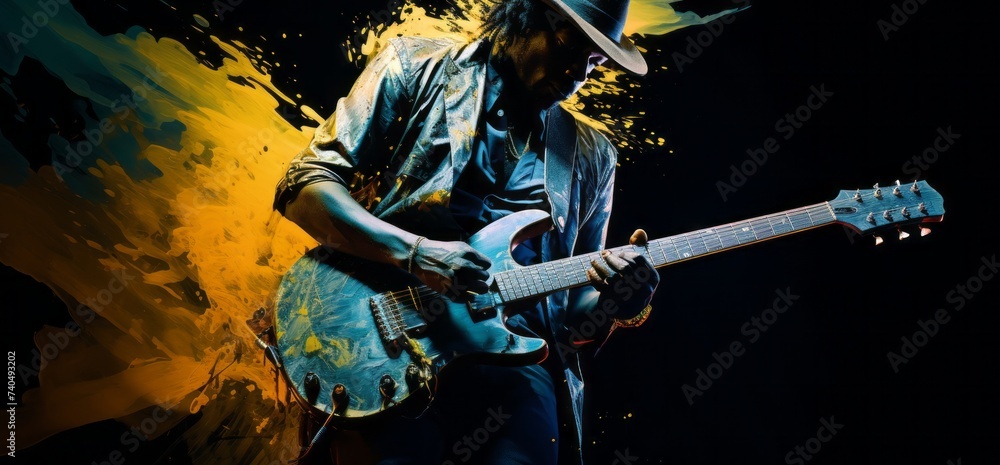 Naklejka premium Repetition of rock music band. Image of electric guitar player and drummer behind the drum set