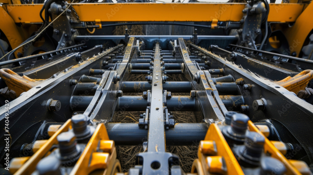 A closeup of a harvesting machine reveals a symmetrical design with precise blades and ting mechanisms. This attention to detail allows for consistent and accurate crop collection.