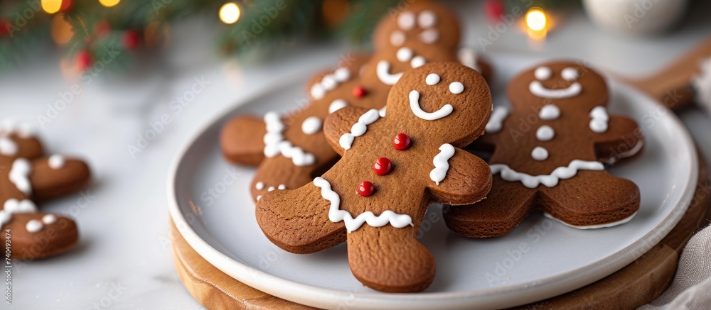 A wooden cutting board showcasing a white plate of gingerbread men, a delightful baked goods dessert perfect for finger food enjoyment A wooden cutting board showcasing a white plate of gingerbread men, a delightful baked goods dessert perfect for finger food enjoyment