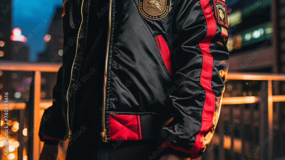 A black and red bomber jacket with gold trim and bold insignia patches taking inspiration from fighter pilot uniforms. The ideal look for a night out at a rooftop bar.