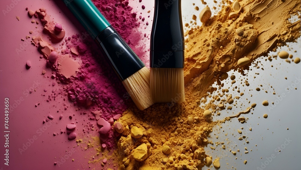 A vibrant collection of toiletry brushes covered in colorful powder creates a stunning display of cosmetics waiting to be used, background