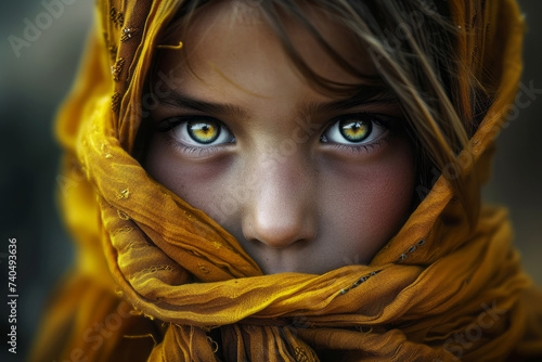 A little girl wrapped in a headscarf looks at the camera with piercing bright eyes.