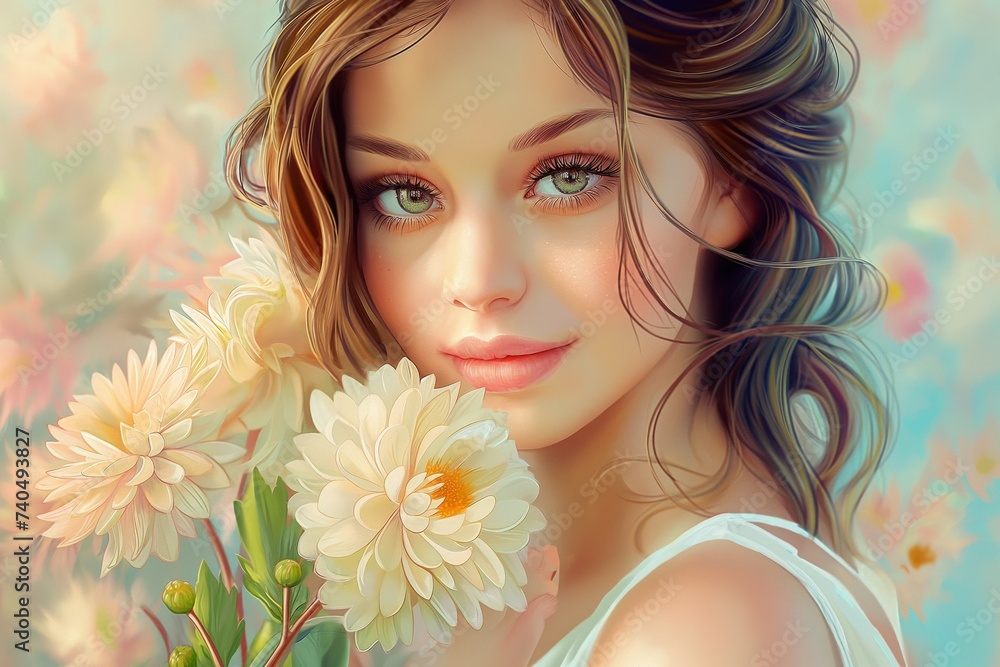 wonderful teenage girl with a bouquet of cream chrysanthemums. portrait of a woman with flowers. wonderful teenage girl with a bouquet of cream chrysanthemums. portrait of a woman with flowers.