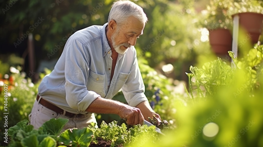 An elderly man works diligently in his garden tending to his flourishing crops with a sense of purpose and pride finding a newfound passion for gardening in his retirement - obrazy, fototapety, plakaty 