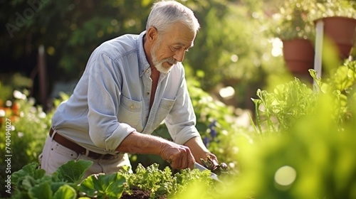 An elderly man works diligently in his garden tending to his flourishing crops with a sense of purpose and pride finding a newfound passion for gardening in his retirement photo