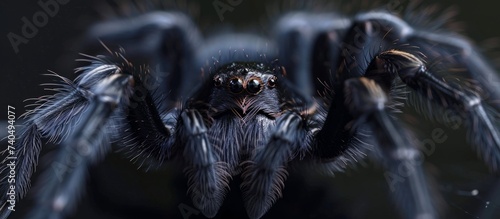 A close up of a black spider on a dark background, resembling a fictional character in an action film. Its electric blue snout stands out against its fur, creating a striking contrast