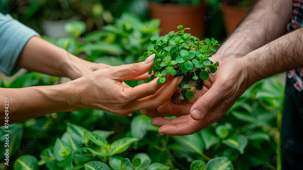 Woman and man hands hold together a small green plant. Earth day eco concept. Future of the planet