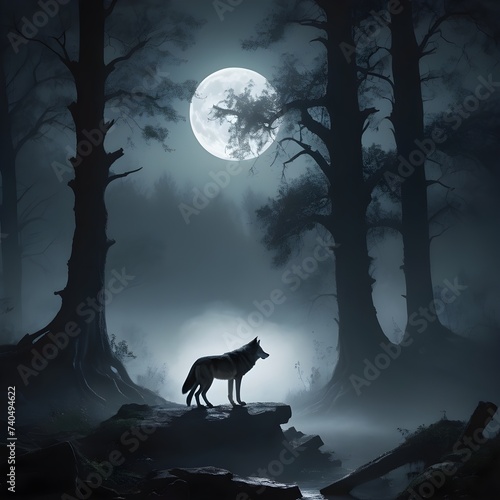 wolf howling at night in a forest over a moon