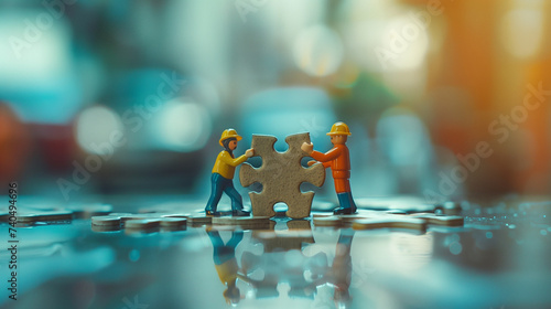engineer miniature figurines holding actual size jigsaw, cooperate for success concept photo