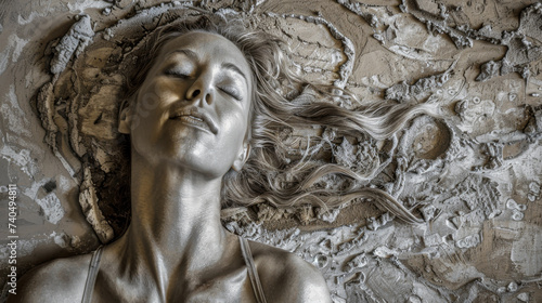 Fotografia Surrealistic statue of a woman in relief in mud or concrete