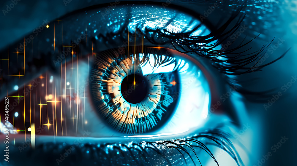Close-up of human eye for surveillance and digital ID verification - obrazy, fototapety, plakaty 