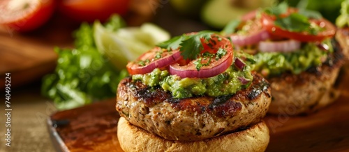 A flavorful hamburger topped with guacamole and tomatoes, displayed in a close up on a wooden cutting board, showcasing the ingredients used in this classic staple food recipe photo