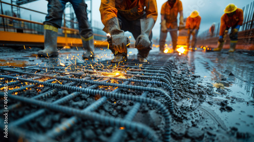 Construction workers fabricating steel reinforcement bar at the new modern construction site,generative ai © Suralai