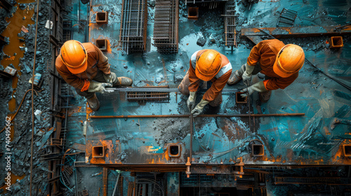 Construction workers fabricating steel reinforcement bar at the new modern construction site,generative ai