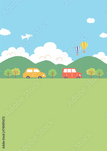 青空と山と車の風景イラスト