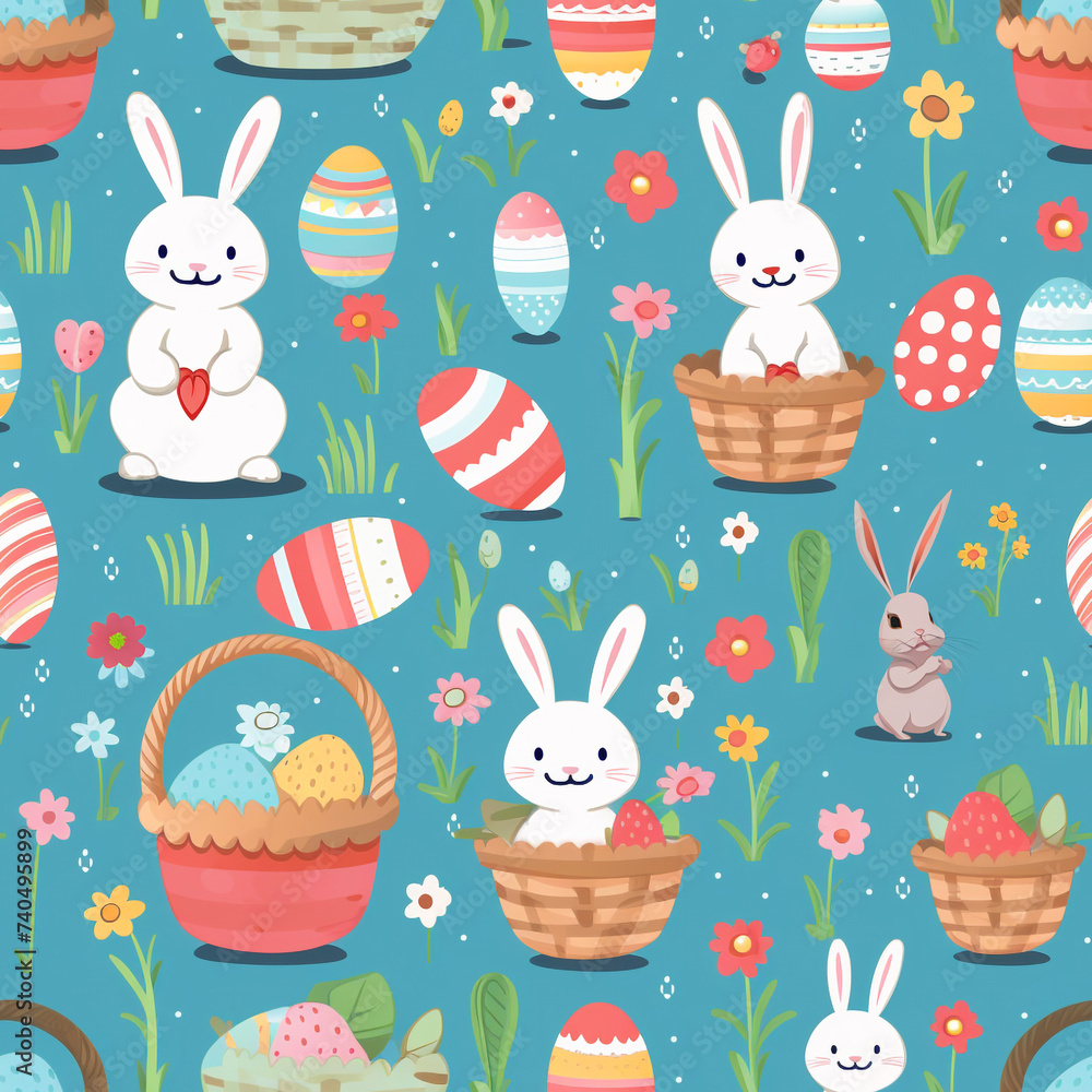 Seamless pattern design with bunnies flower and easter eggs. Seamless pattern design with bunnies flower and easter eggs.