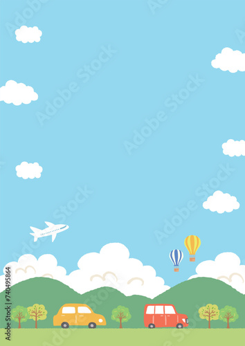 青空と山と車の風景イラスト