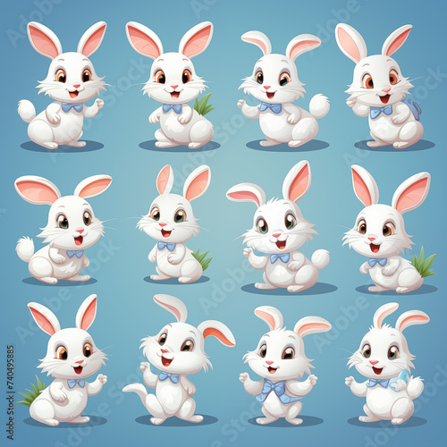 Collection of white easter rabbit in different poses. cartoon illustration