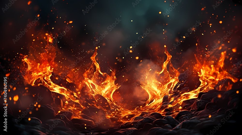 Flame illustration, fire burning and glowing particles Flame illustration, fire burning and glowing particles