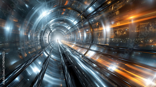 A sleek silver capsule hurtles at unimaginable speeds through a network of tubes defying gravity and seamlessly connecting cities in a trippy scifiinspired vision of transportation. photo