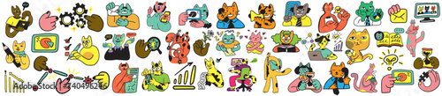 set of cats in vector.business icons in flat style. illustration of human cats. Template for logo sticker poster icon app website. A series of furry cats on the topic of business and life.