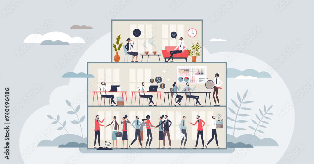 Career levels and employee work progress in hierarchy tiny person concept. Company positions from entry level to senior and executive vector illustration. Effective collaboration and partnership.