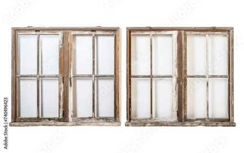 Two weathered windows  aged by time  peacefully positioned next to each other. Isolated on a Transparent Background PNG.