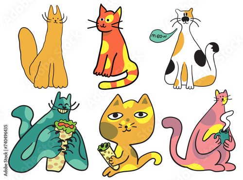 set of cats in vector.pets in flat style. cartoon cats with street food. Template for logo poster icon for application website. A series of animal images in flat style