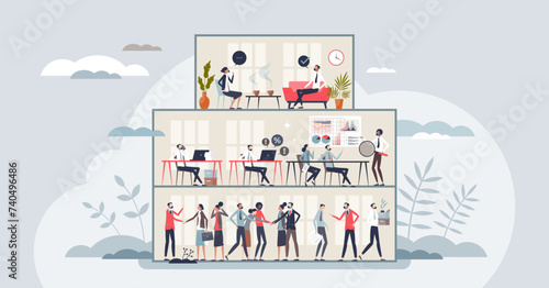 Career levels and employee work progress in hierarchy tiny person concept. Company positions from entry level to senior and executive vector illustration. Effective collaboration and partnership.