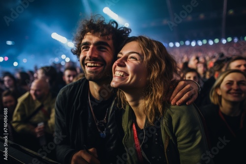 Smiling Couple Embracing at Vibrant Concert