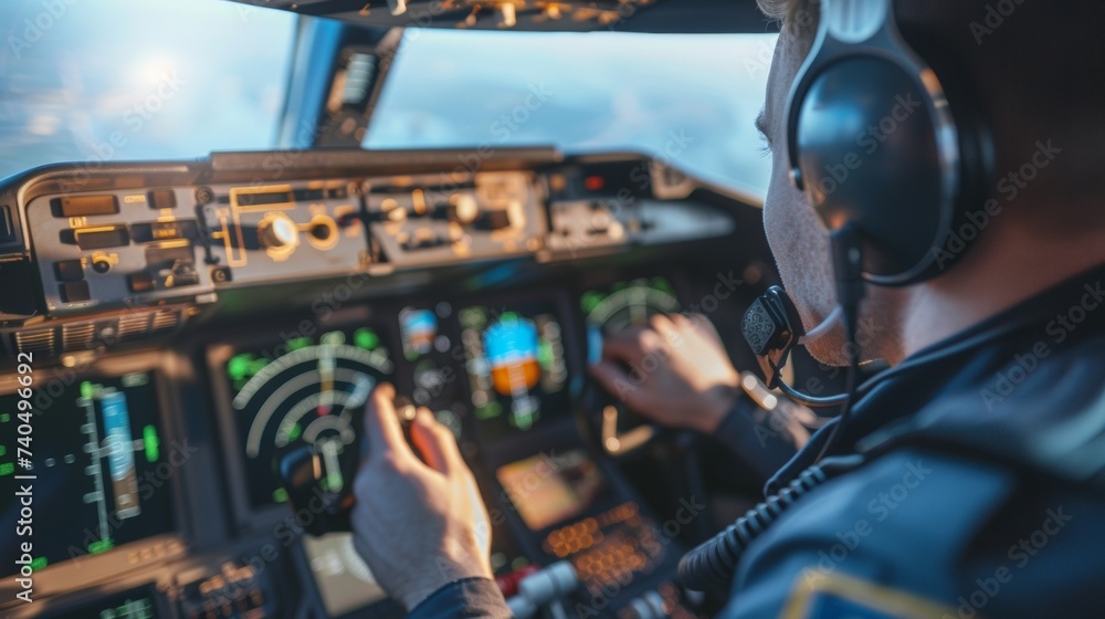 With a focused expression the pilots hand adjusts the altitude and heading dials on the control panel while communicating with air traffic control through a headset.