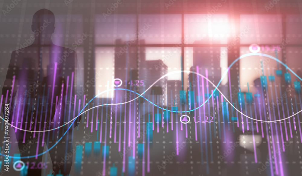 Stock market business concept. Financial graphs and digital indicators with modern city background Stock market business concept. Financial graphs and digital indicators with modern city background
