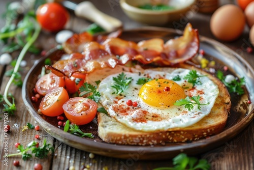 English breakfast - toast, egg, bacon and vegetables in a rustic style on wooden table.