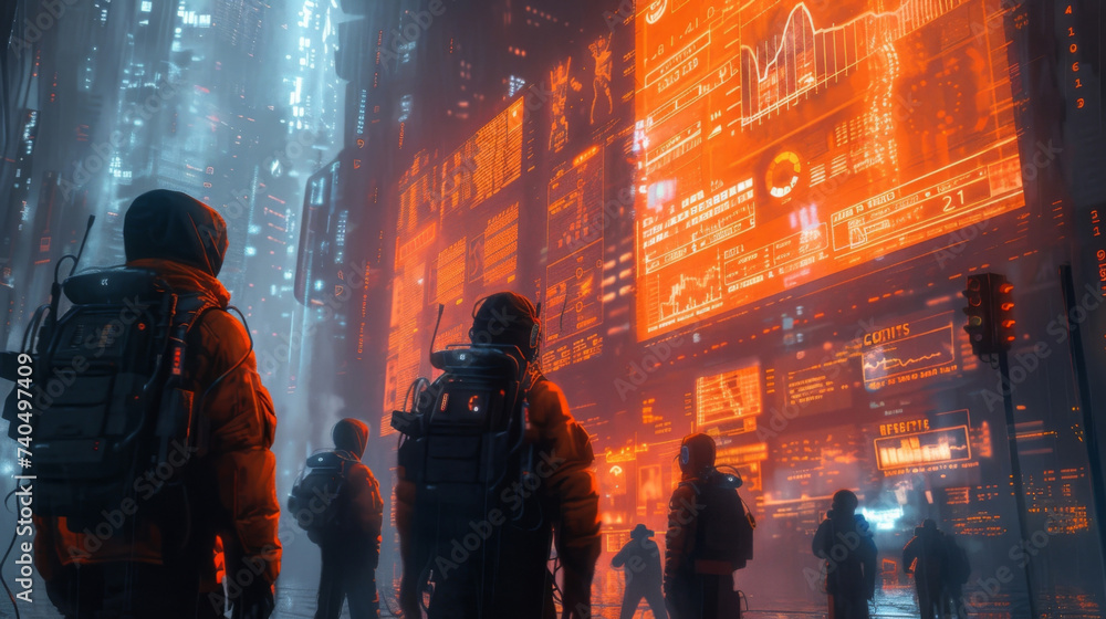 Fototapeta premium A group of people wearing futuristic suits stand in front of a holographic screen displaying realtime graphs and statistics of various digital currencies. In the background