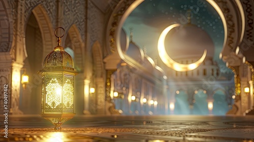Islamic decoration background with lantern and crescent moon luxury style  ramadan kareem  mawlid  iftar  isra miraj  eid al fitr adha  muharram  copy space text area Eid Ul Fitr - generative ai