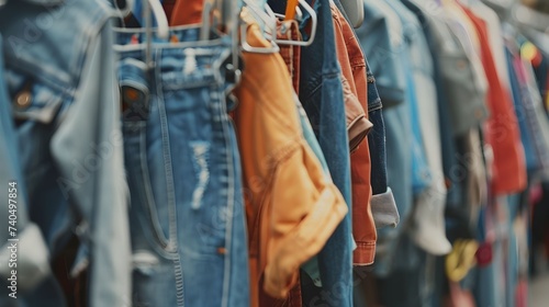 Used clothes in secondary market, thrift store, flea market, garage sale, charity shop. Second life of clothes, bags and shoes. Zero waste, sustainable lifestyle