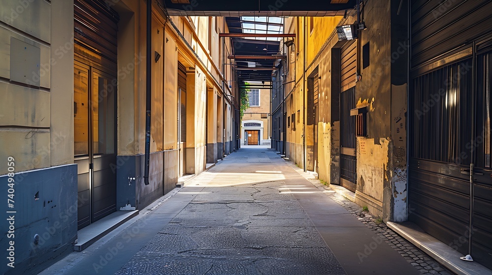 Industrial area of Milan now restructured. Courtyard with nobody inside : Generative AI