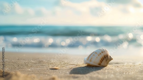Shell on the beach, tropical island landscape. Vacation and relaxation. Blurred ocean view