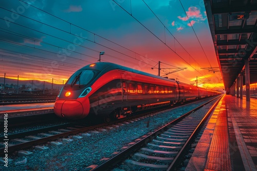 Beautiful railway station with modern high speed red commuter train at colorful sunset. Railroad with vintage toning. Train at railway platform.