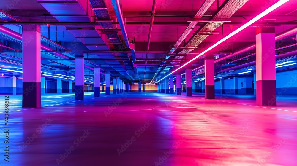 Parking garage underground, industrial interior. Neon light in bright industrial building. : Generative AI