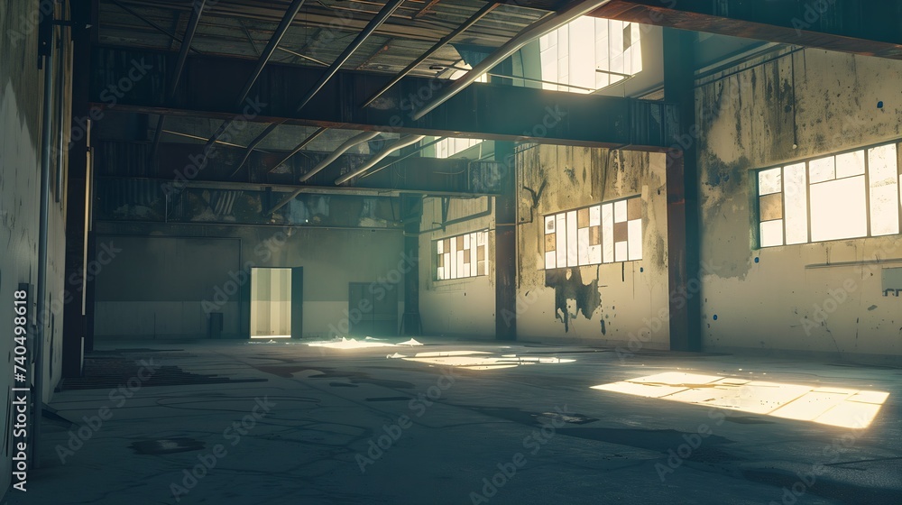 Weathered facility of abandoned industrial building of plant with rusty metal ceiling and shabby concrete floor : Generative AI