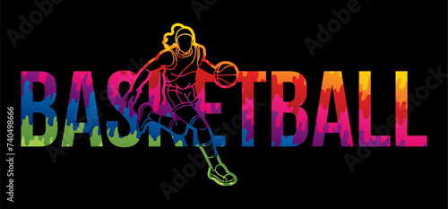 Basketball Female Player Action with Basketball Font Design Cartoon Sport Graphic Vector