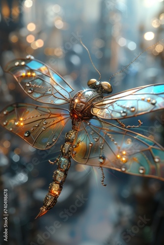 A beautifully crafted mechanical insect takes flight with reflective wings and detailed metalwork against a bokeh background © Glittering Humanity