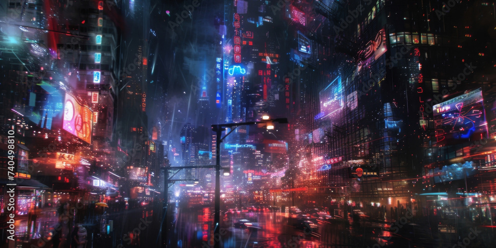 Obraz premium The city seemed to breathe and pulse with life the streets teeming with a constant flow of people and activity. Even at night the lights of buildings and neon signs danced
