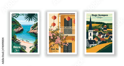 Hoge Kempen, Belgium. Hoi An, VietNam. Ibiza, Spain - Vintage travel poster. Vector illustration. High quality prints